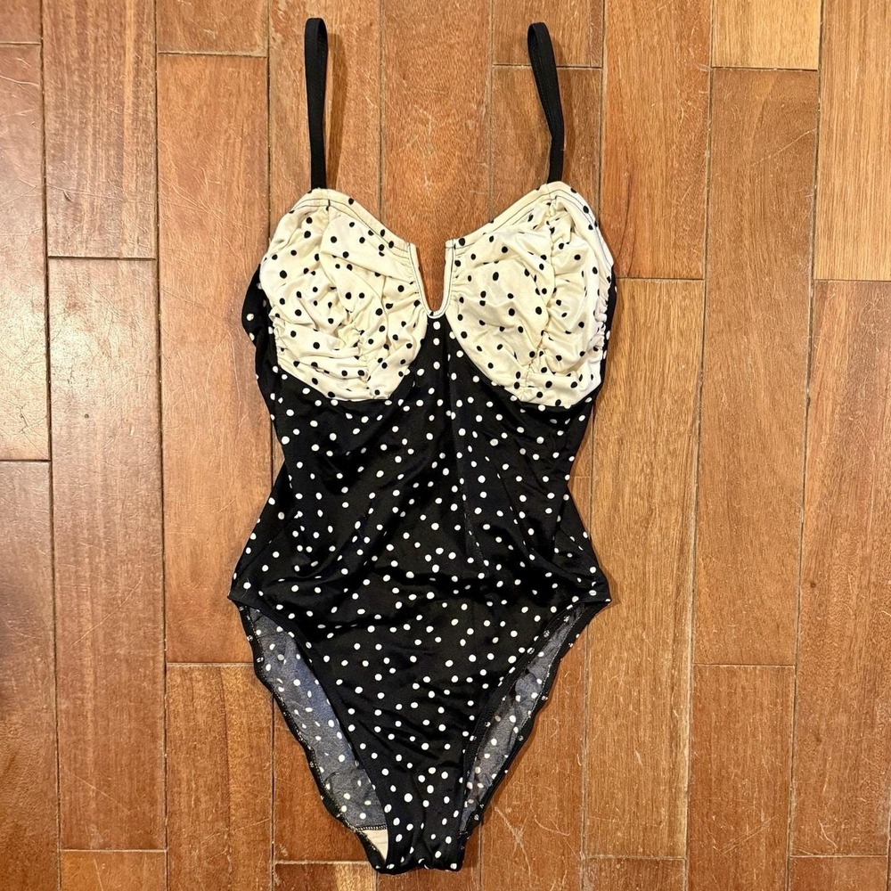 VTG 1980s 80s Black White Polka Dot Swimsuit Ruched Plunge Bathing Suit Sz 12 M
